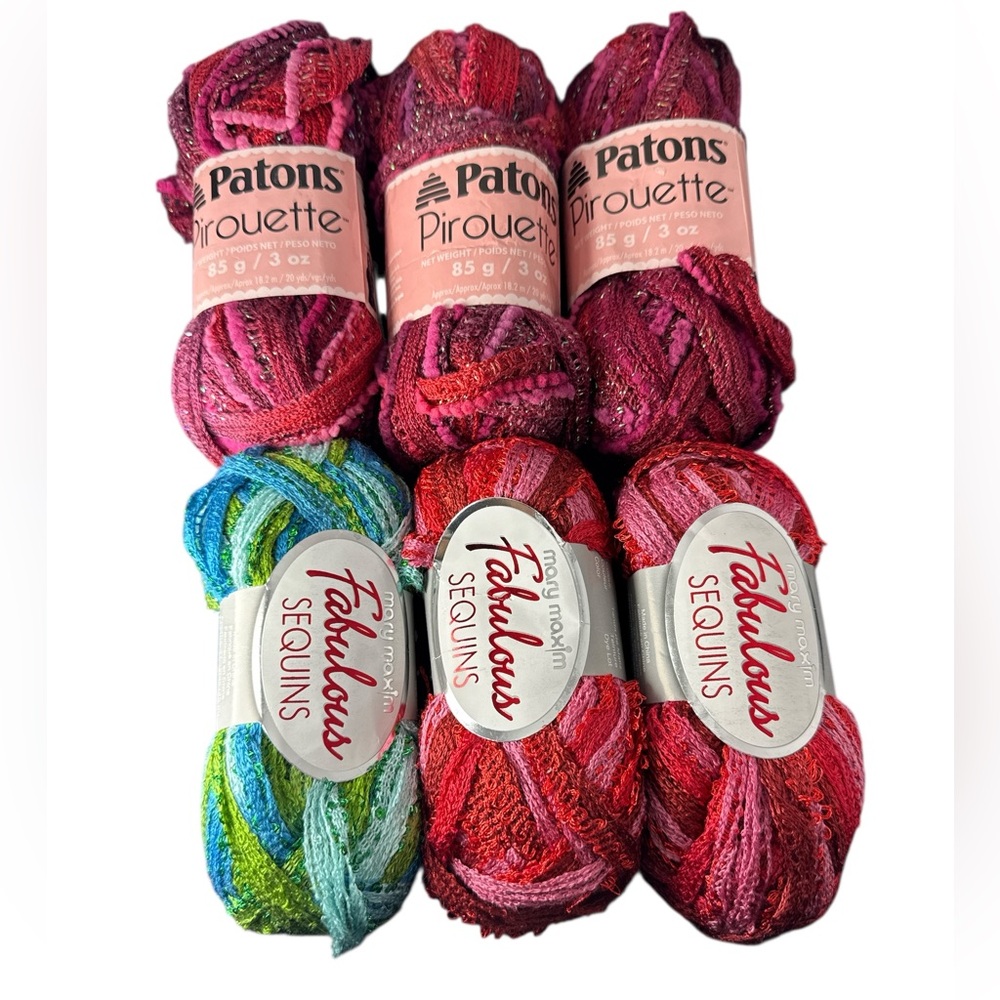Mary Maxim Fabulous sequins + patons pirouette yarn mixed colors lot